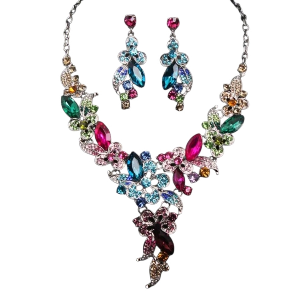 Multicolor Rhinestone Floral Necklace and Earrings Set - Picture 8 of 12